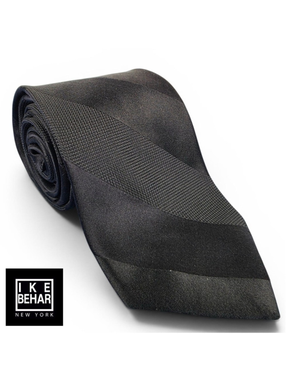 IKE Behar New York Black Striped Silk Tie Textured Designer Necktie